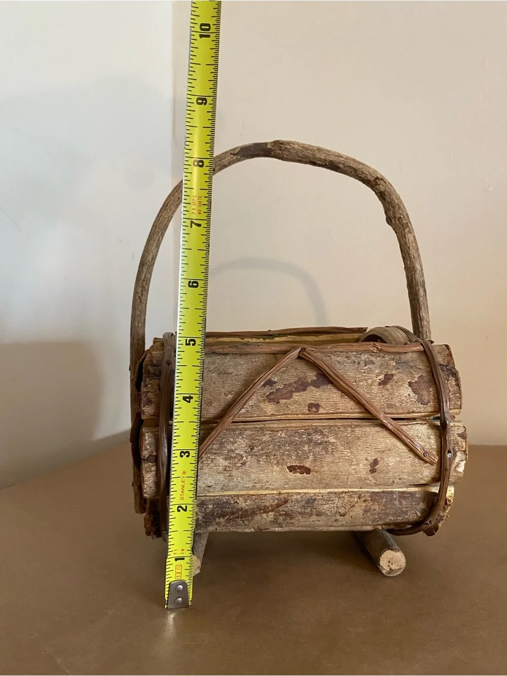 Rustic Natural Wood Handle Barrel Basket Brown with nails, vine wrapped decor